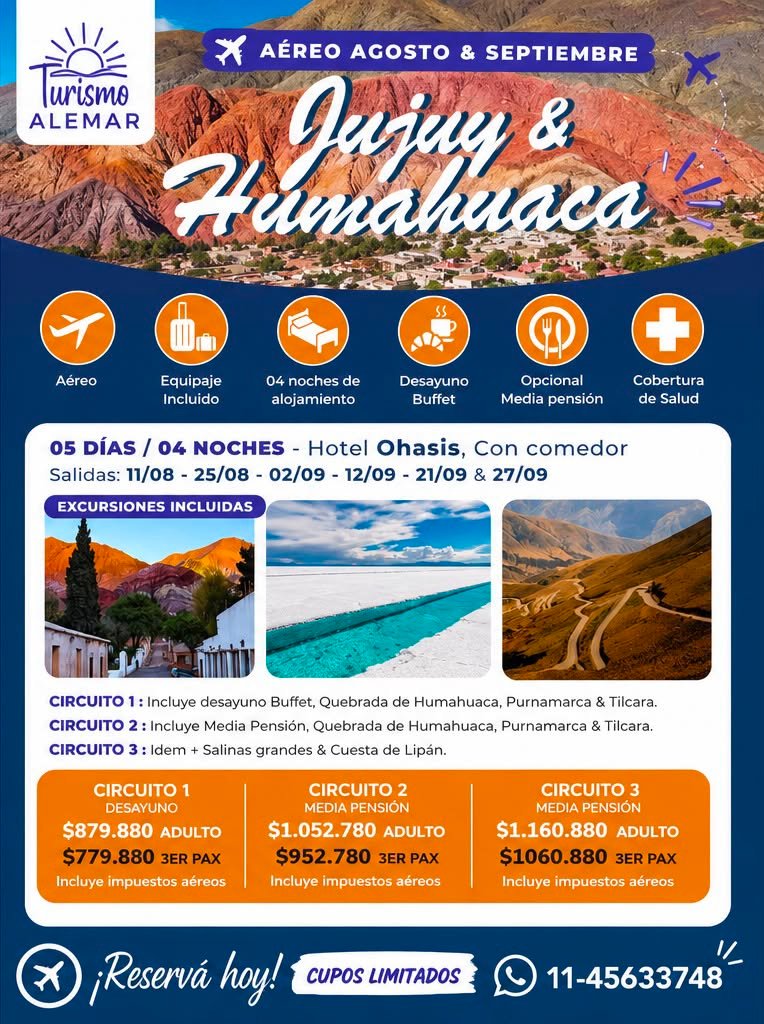 JUJUY & HUMAHUACA  - AEREO  SALIDAS 24/08-02/09-12/09-27/09 -  03/10 - 17/10 - 24/10 -07/11 - 