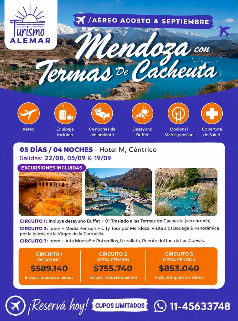 MENDOZA -AEREO  SALIDAS 22/08 - 03/10 -24/10-04/11-25/11      