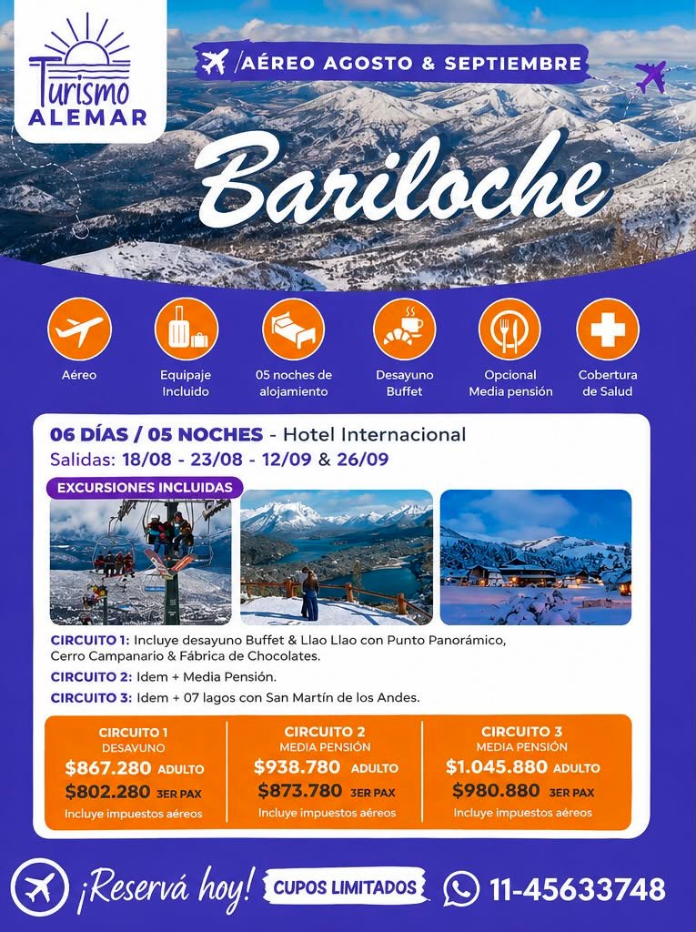 BARILOCHE  - AEREO  SALIDA 12/09 - 26/09 - 26/10 - 27/10 - 31/10- 01/11-08/11- 14/11           Promoción Descuento al 3º pasajero en habitación triple  Hotel Patagonia Sur: Descuento al 3º pasajero    Hotel Internacional: Descuento al 3º pasajero 